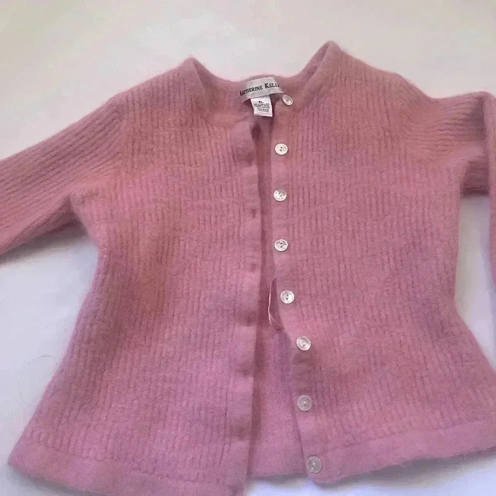 Katherine Kelly Angora Button Front Cardigan Sweater pink‎ girls Large soft warm